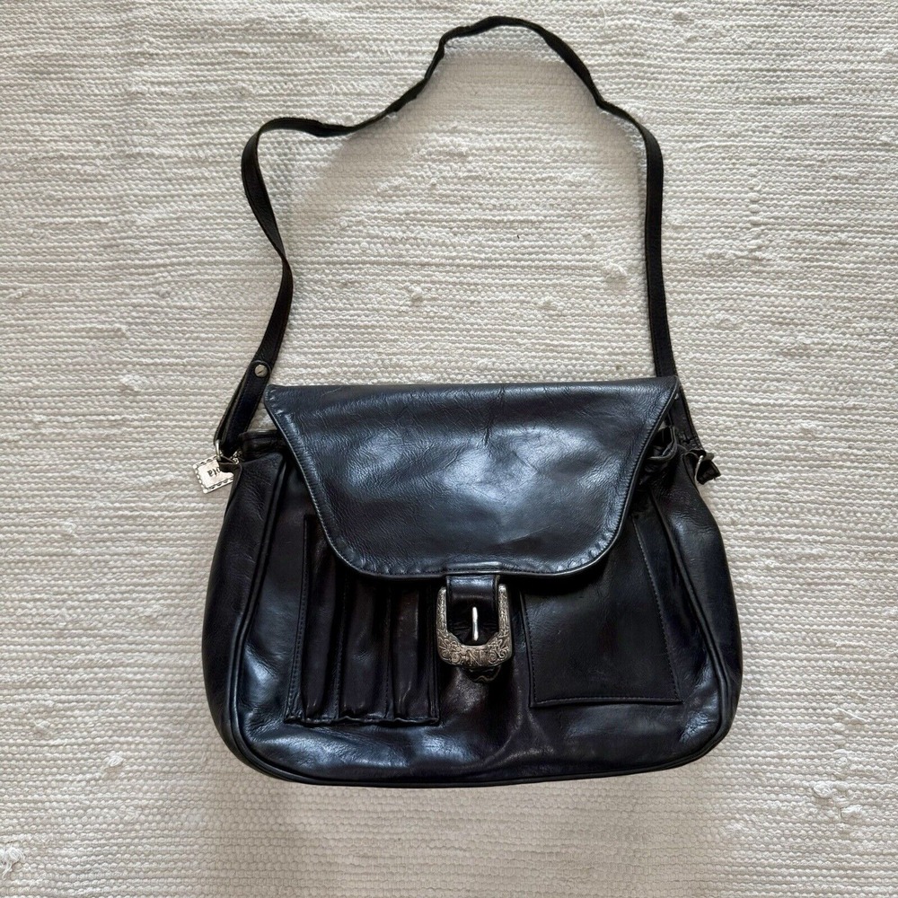 Vintage Navasota Black Leather Western Crossbody Satchel Handbag Made In Texas